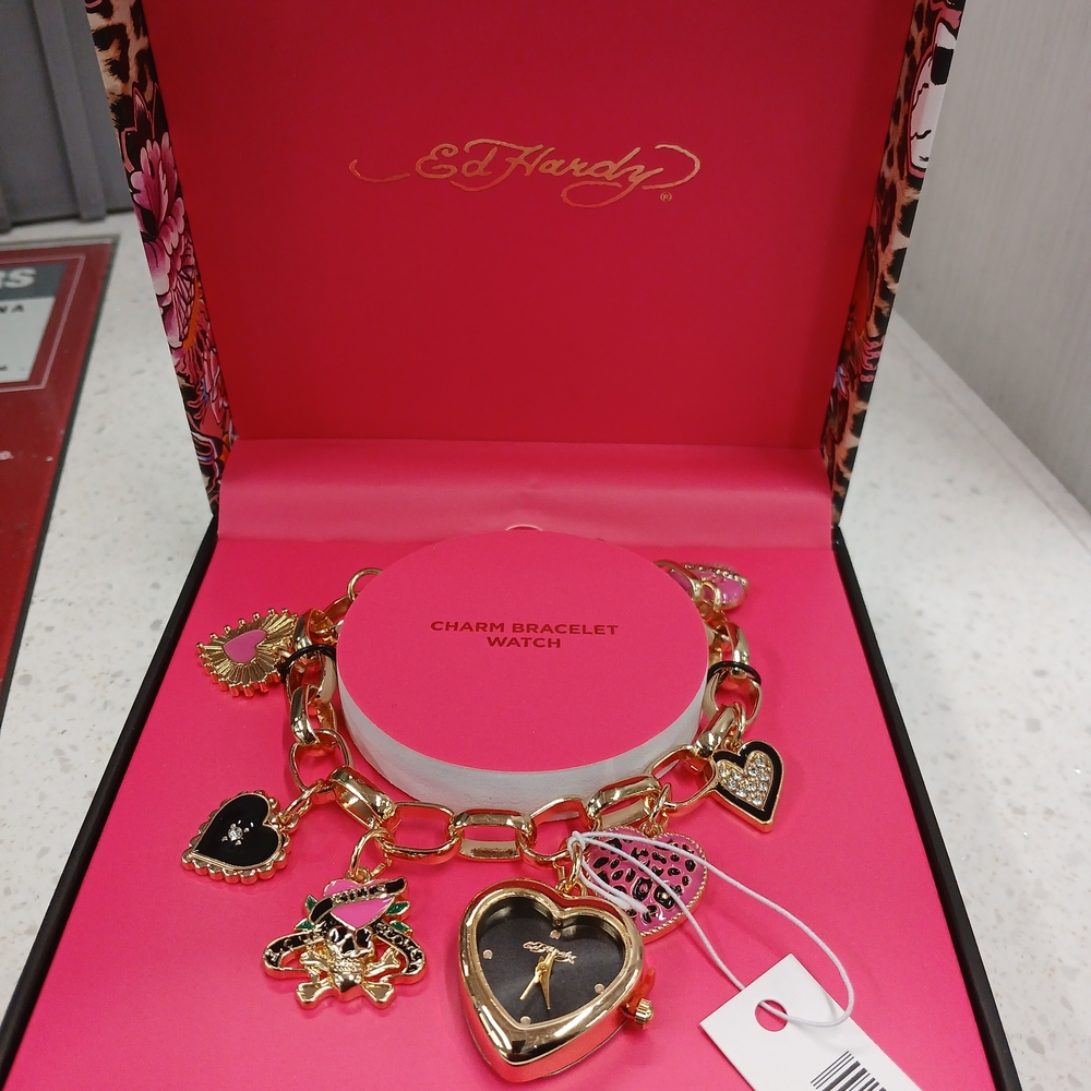 Ed Hardy Gold and Black Charm Bracelet Watch